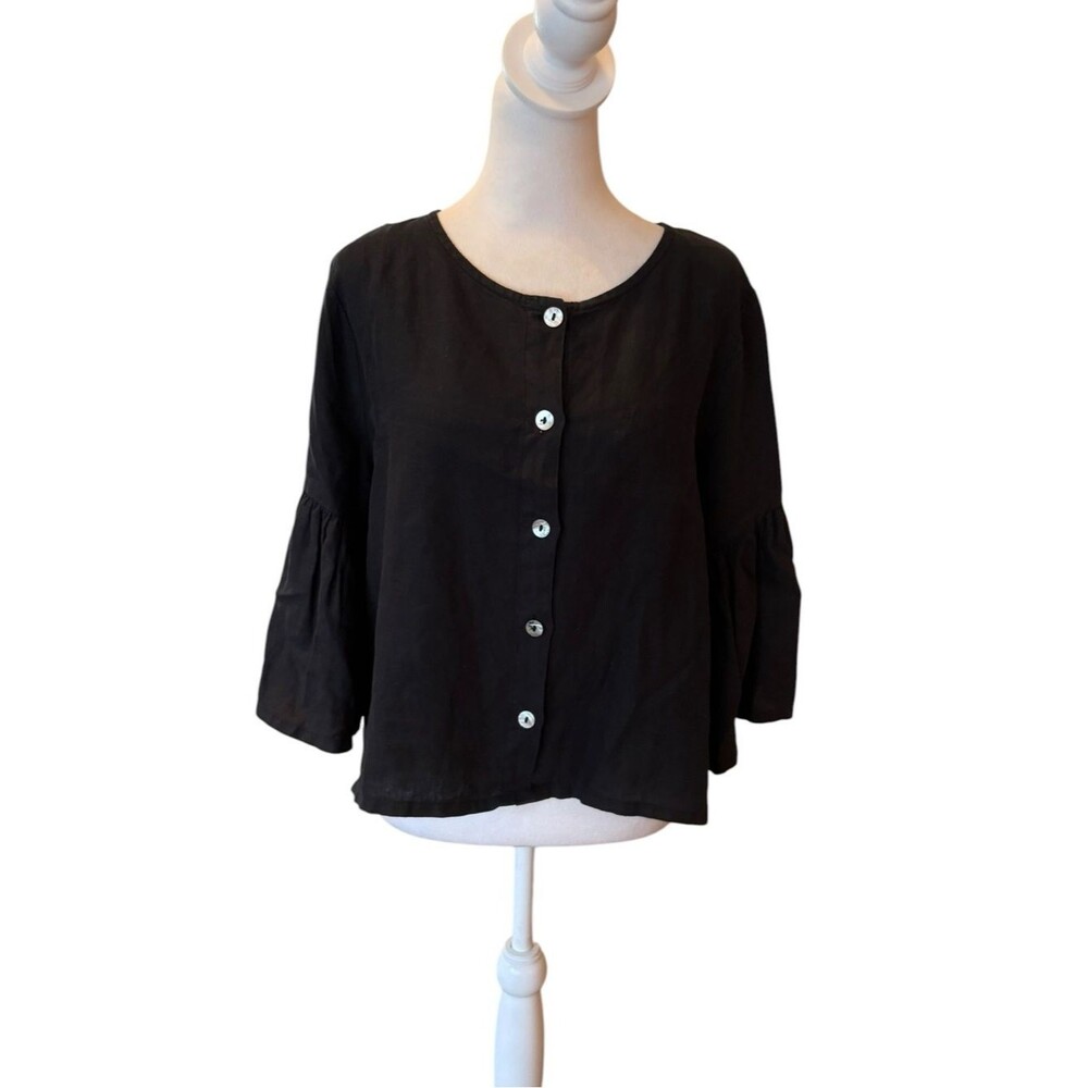 Bryn Walker Black Linen Bell Sleeve Button Front Blouse Womens Size XS